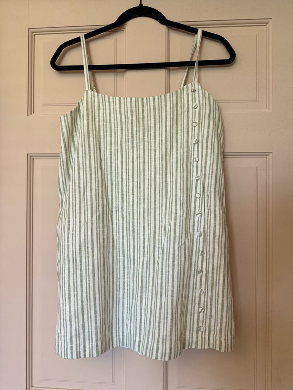 Abercrombie Striped Linen-Blend Spaghetti Strap Dress in Green and White